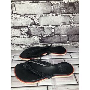 Tiurai Black Leather Thong Flip Flops Slides Kitten Heel Sandals Women’s Sz 37EU